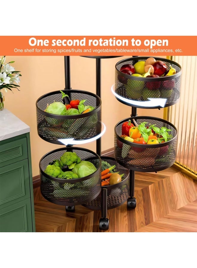 5-tier vegetable rack, made of rust-resistant metal; 360-degree rotating kitchen organizer basket; round carbon steel storage rack; black wheeled storage trolley; no fruit basket required; side storage shelf - black - Image 3